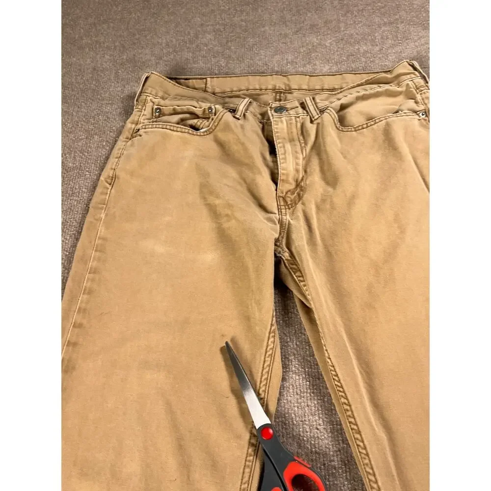 Levis Jeans Mens 34x32 Tan Khaki Straight Leg Distressed Cotton Denim